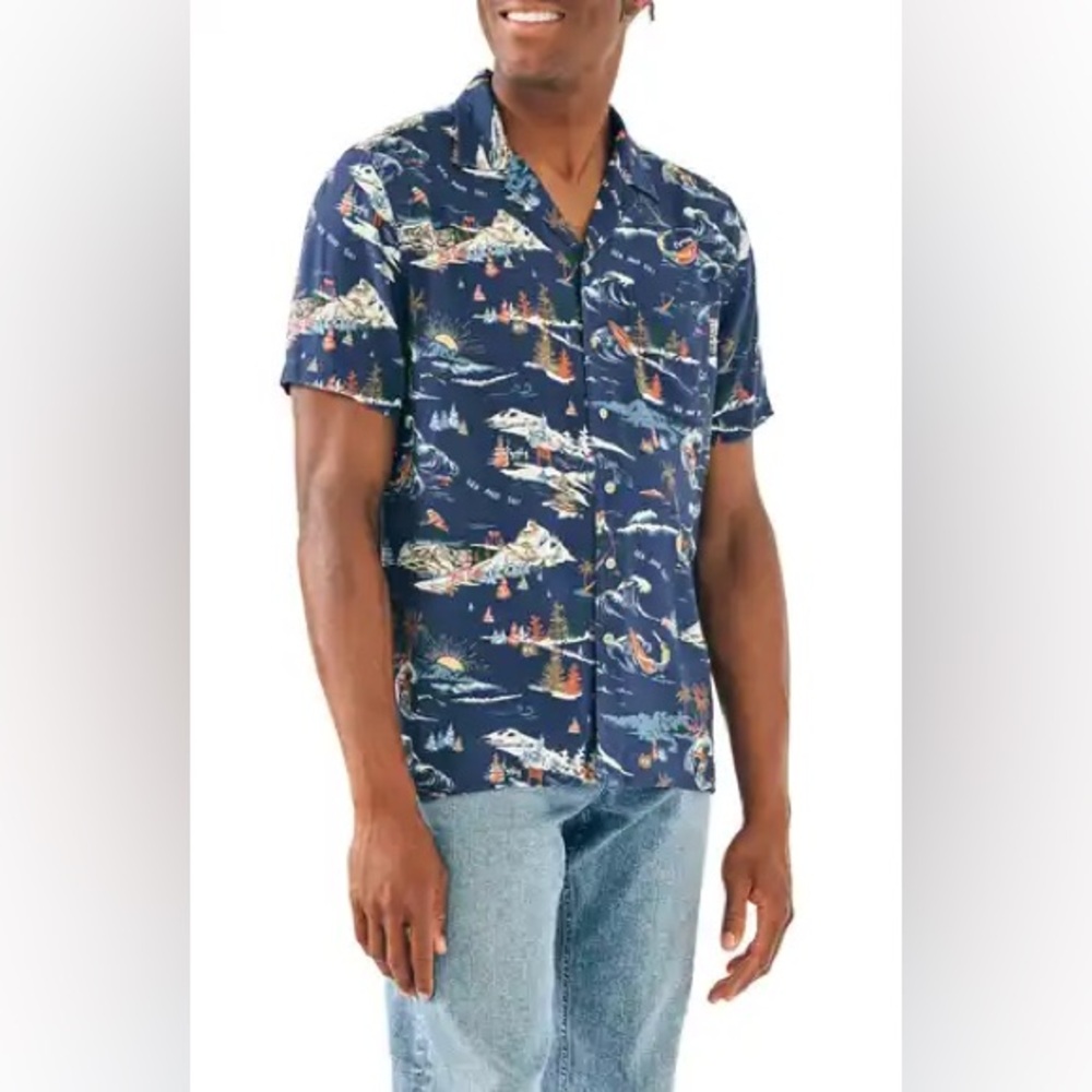 NWT FAHERTY‎ SS Rayon Camp Button up Shirt NTI-Navy SEA TO SKY MWH2316 SMALL